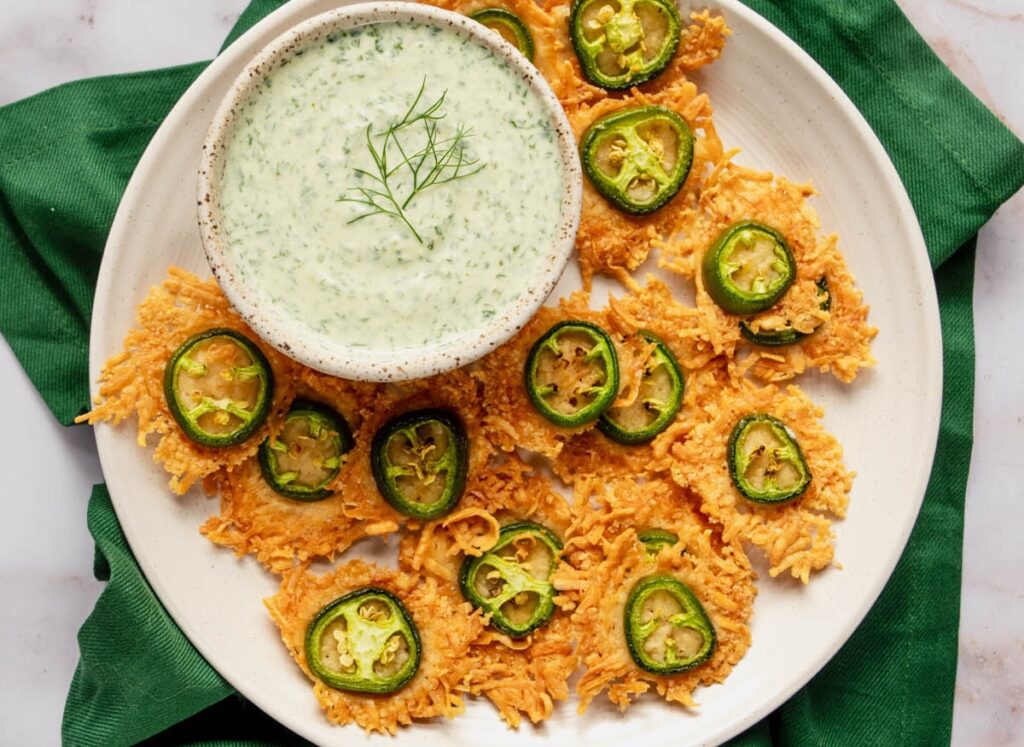 Jalapeño Parmesan Crisps with Green Goddess Dip