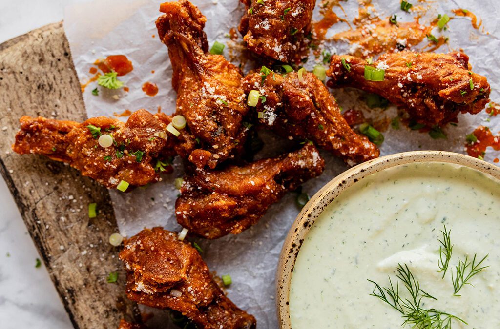 Garlic Parmesan Buffalo Wings with Feta Ranch Dip