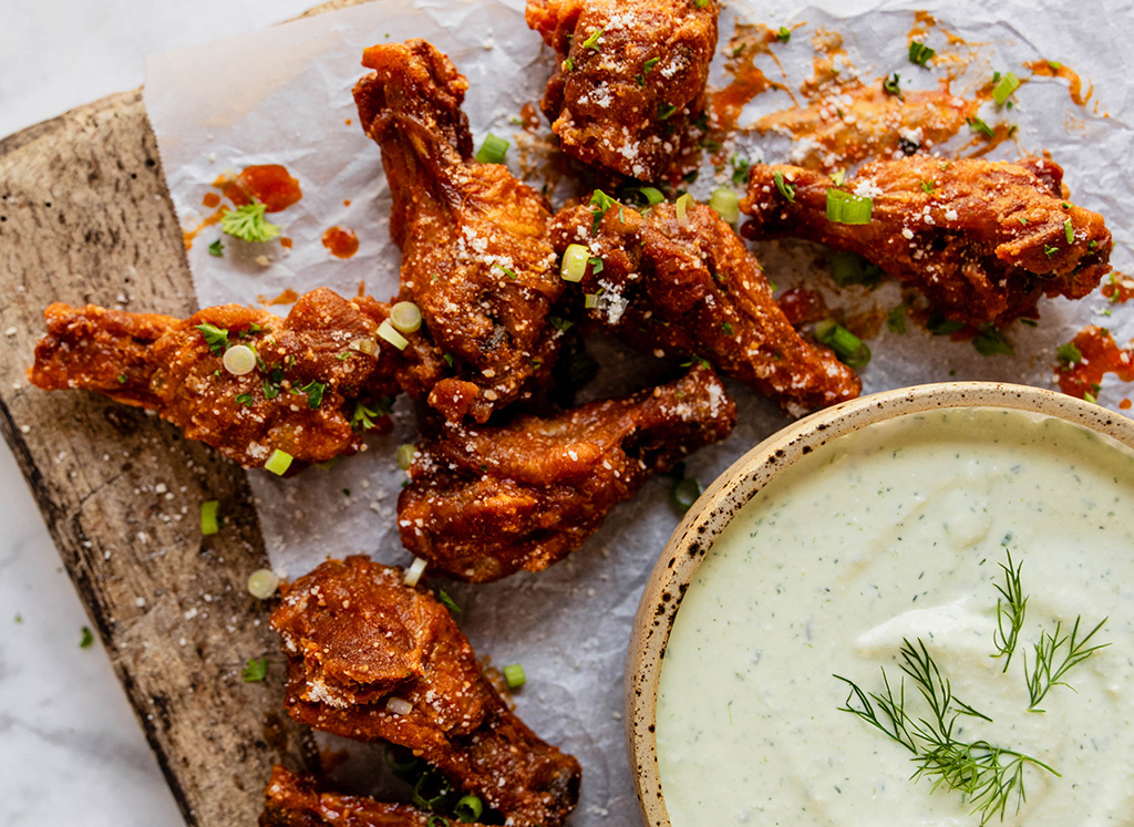 Garlic Parmesan Buffalo Wings with Feta Ranch Dip